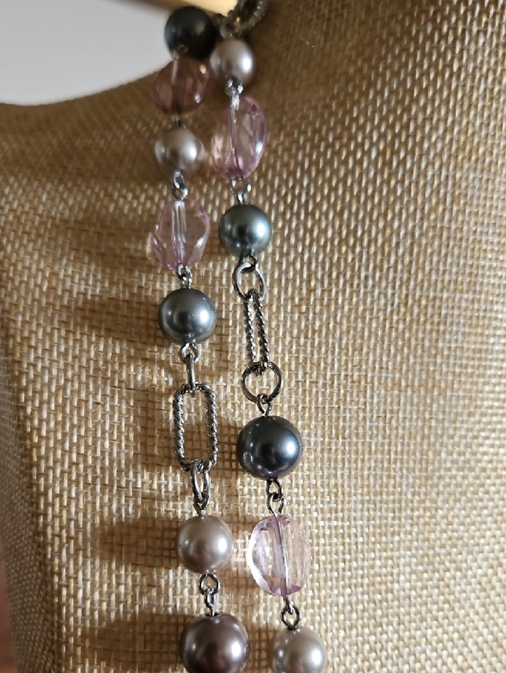 Premier Designs Pink and Gray Bead & Faux Pearl Necklace - Picture 2 of 6